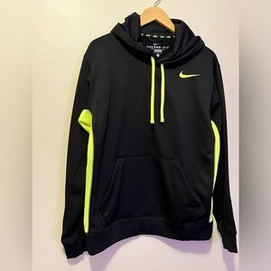 Nike Men's Black and Neon yellow Therma-Fit hoodie fitness athletic warm